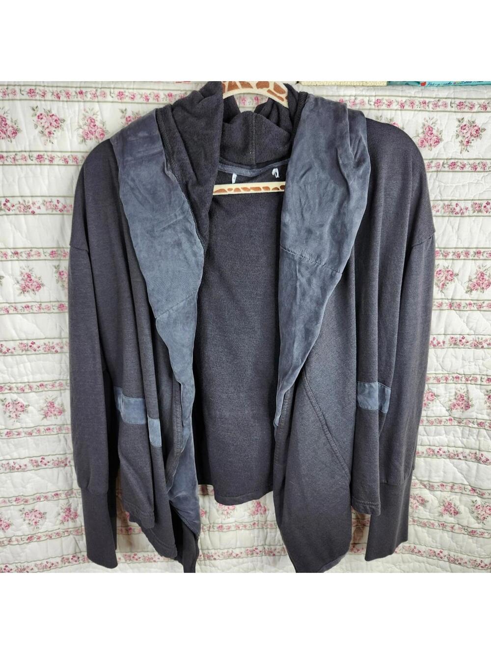 Boutique Suede-Feel Hoodie Open Front Cardigan Drape Gray Contrast Trim Medium